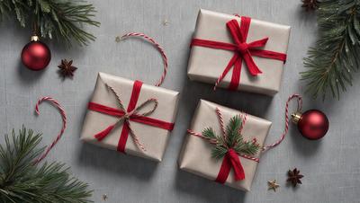 The primary subject of the image is a group of three wrapped presents, each with a red ribbon. The presents are placed on a table, which serves as the setting. The visual style of the image is a photo, capturing the details of the presents and their ribbons. The colors and mood of the image are predominantly red, which adds a festive and warm atmosphere to the scene.
